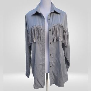 Savanna Jane Western Fringe Button-Up Shirt Grey Blue Size S
